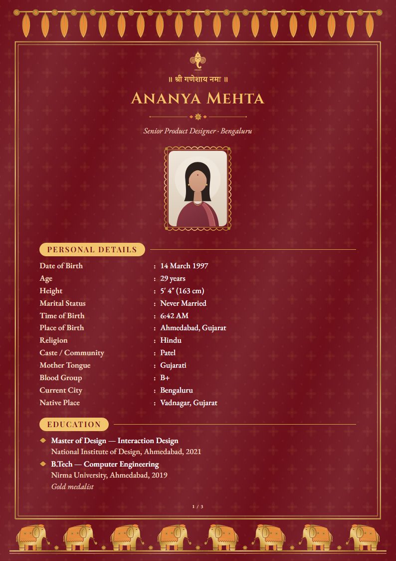 Marriage biodata: Gajraj template, royal design (sample A4 page)