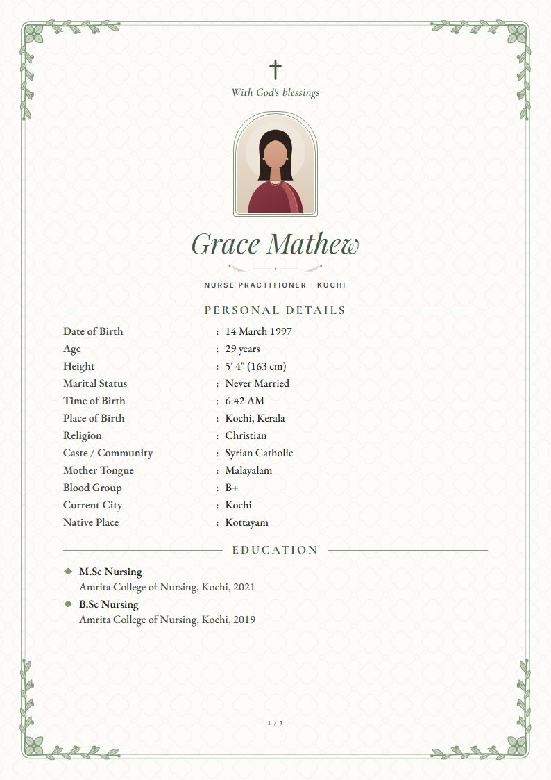 Marriage biodata: Grace template, floral design (sample A4 page)