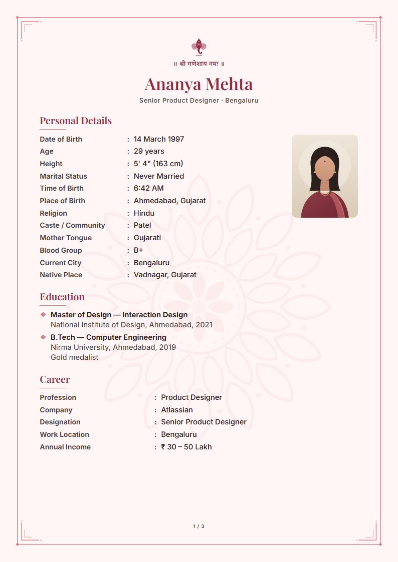 Marriage biodata: Gulabi template, modern design (sample A4 page)