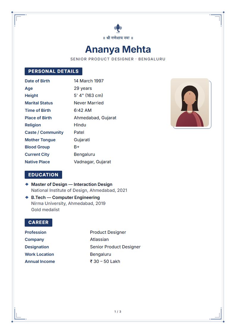 Marriage biodata: Neelam template, modern design (sample A4 page)