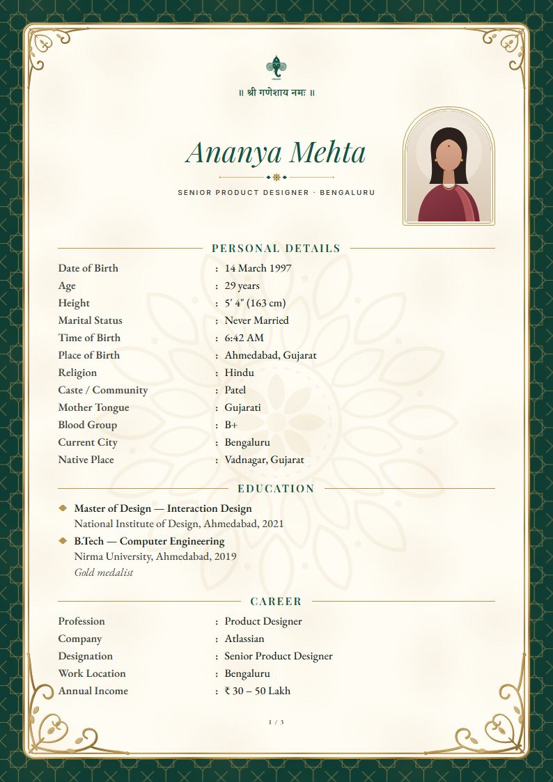 Marriage biodata: Taj template, royal design (sample A4 page)