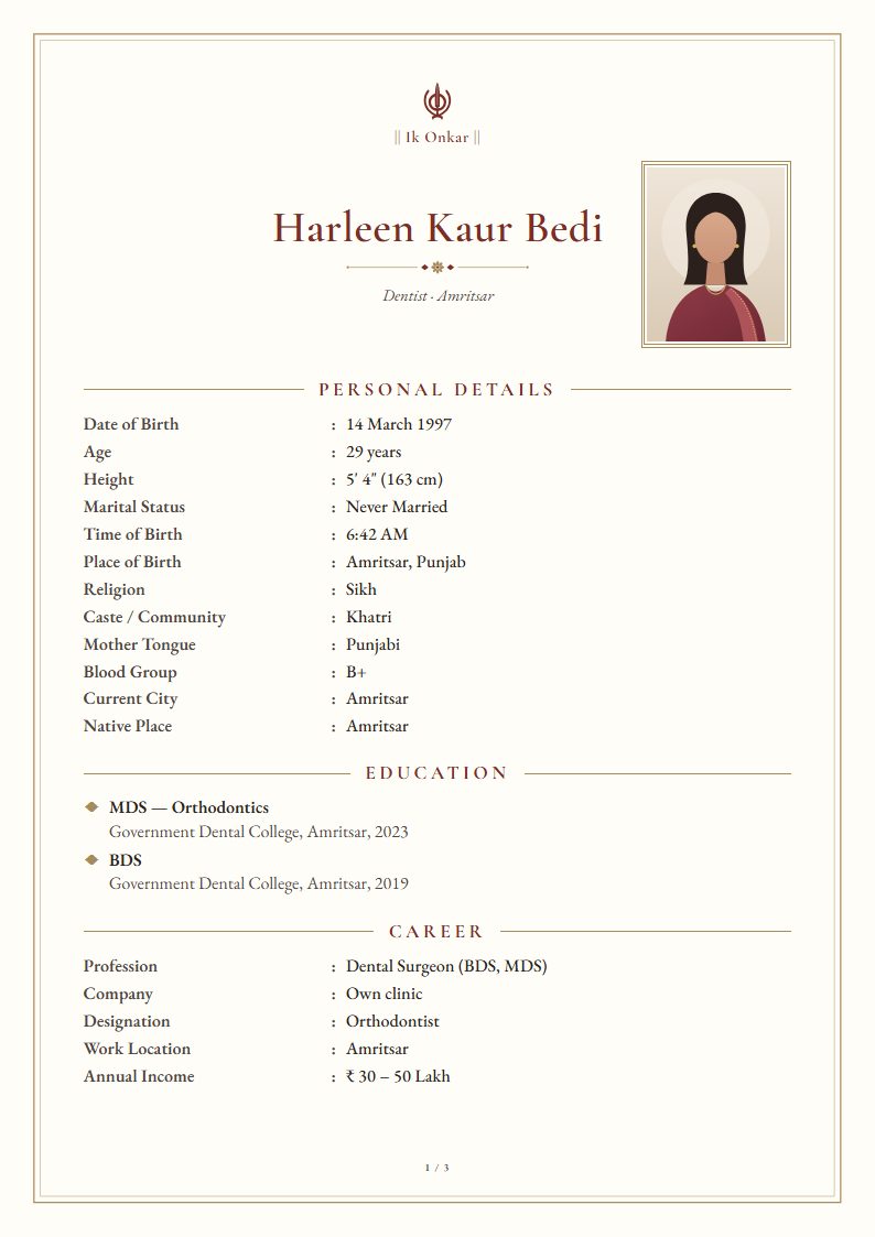 Sikh marriage biodata: Ivory template, traditional design (sample A4 page)