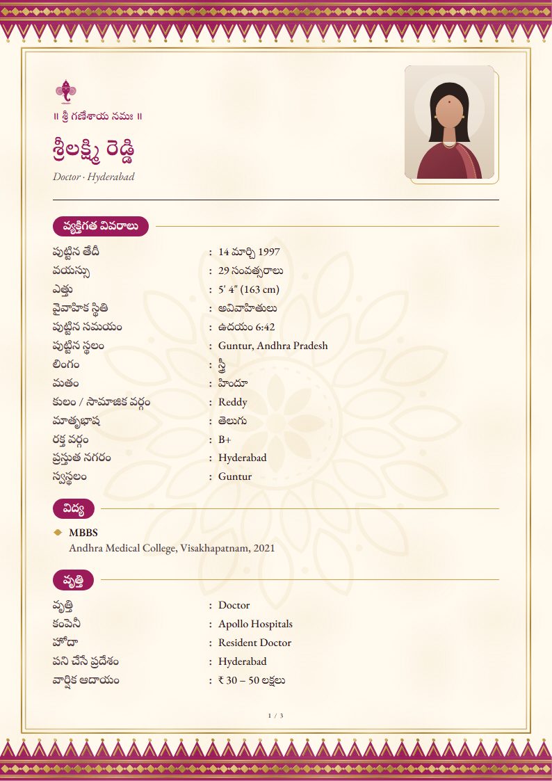 Marriage biodata in Telugu: Kanjivaram template, traditional design (sample A4 page)