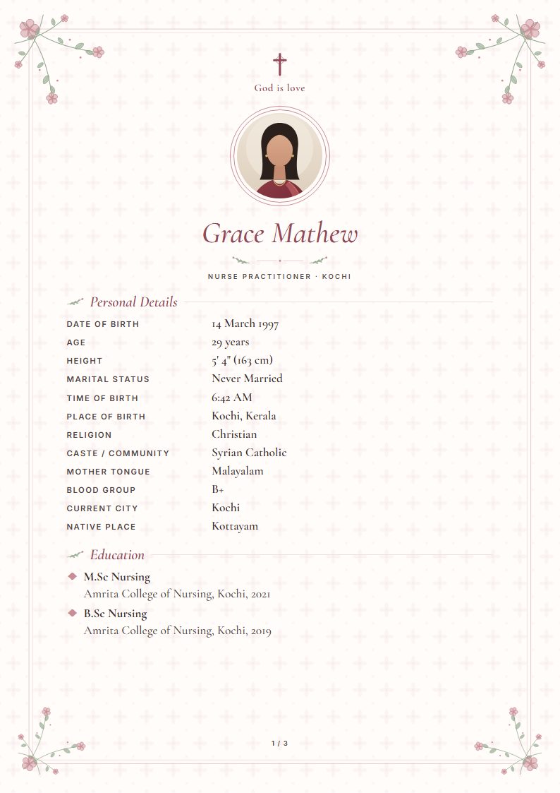 Christian marriage biodata: Gulmohar template, floral design (sample A4 page)