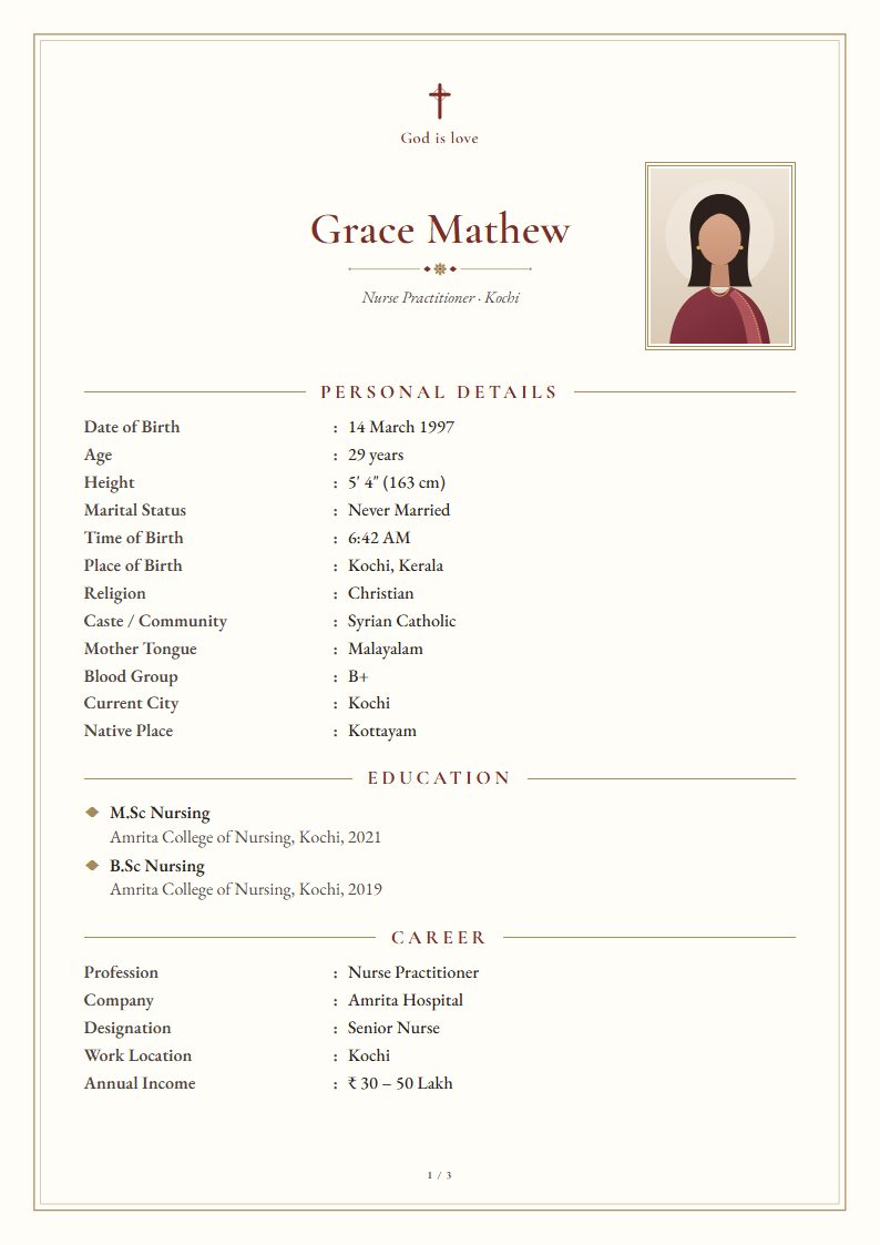 Christian marriage biodata: Ivory template, traditional design (sample A4 page)