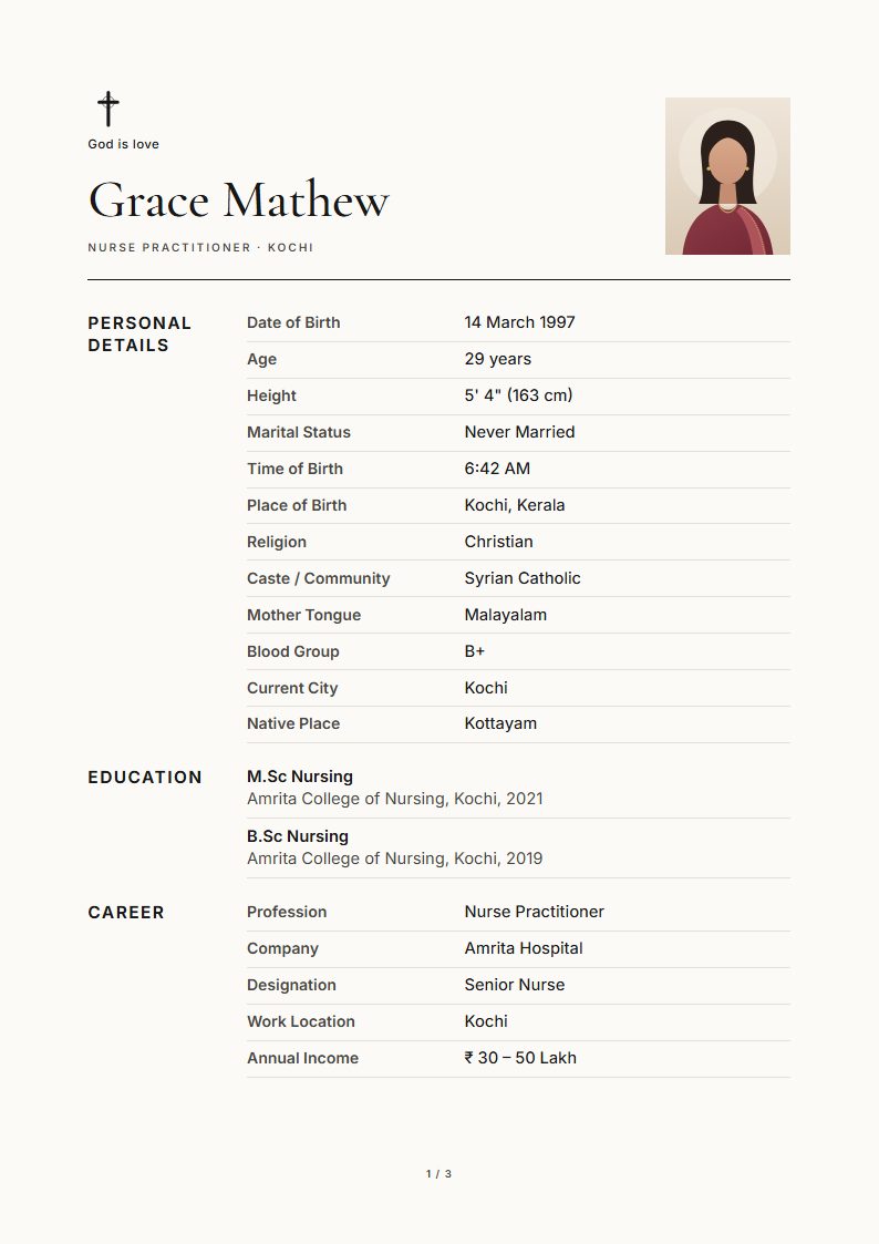 Christian marriage biodata: Linen template, minimal design (sample A4 page)