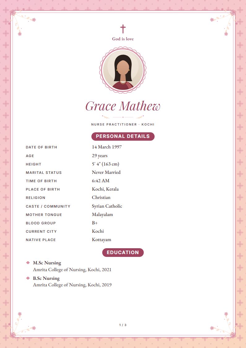 Christian marriage biodata: Mogra template, floral design (sample A4 page)